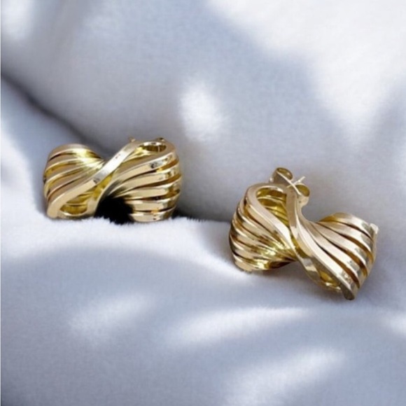 Gold Bow Swirl Earrings | 14K Plated Post Back Hypoallergenic Studs - Picture 1 of 8